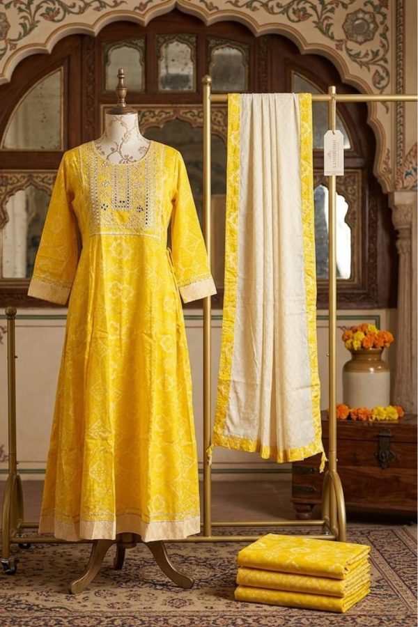 Yellow And White Bandani Print Anarkali Suit