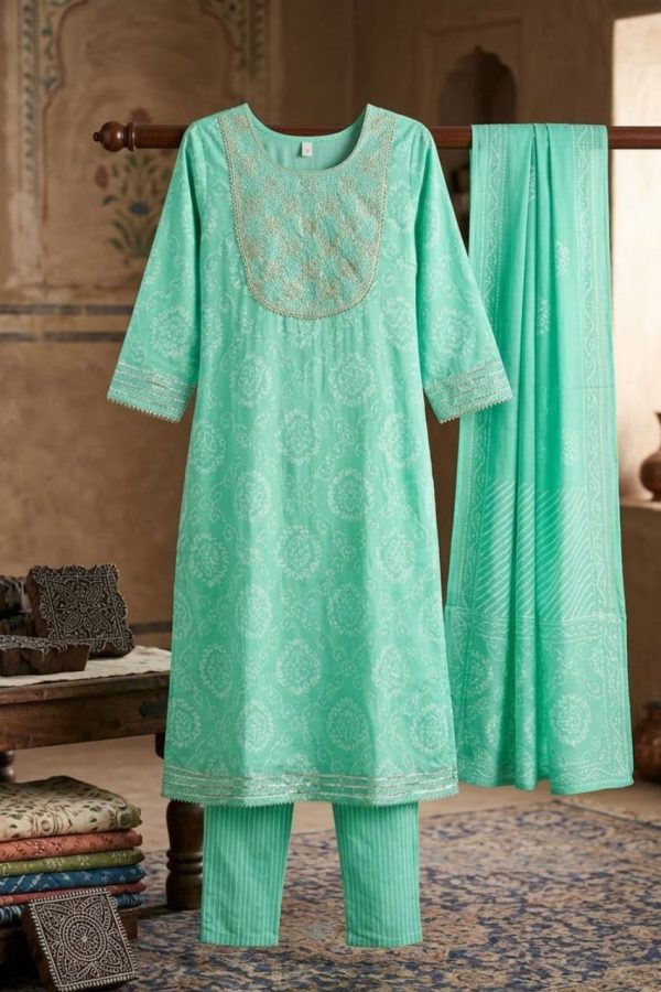 Cotton Anarkali Suit Set In Light Green Color