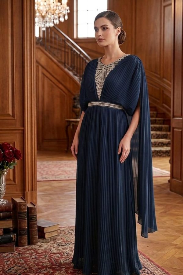 Designer Gown Navy Blue Color With Attached Dupatta