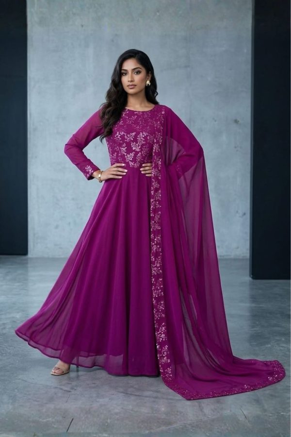 Designer Georgette Wine Anarkali With Dupatta