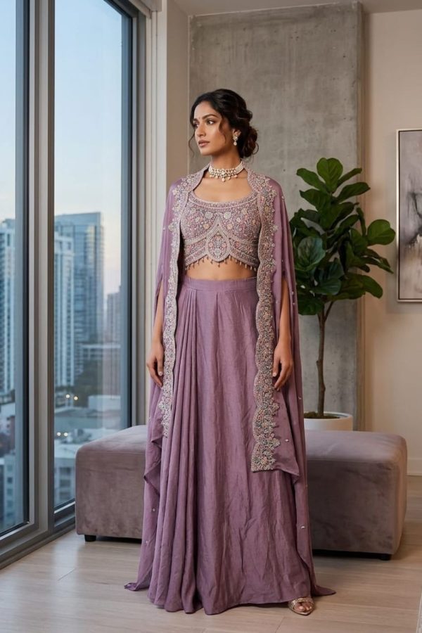 Lilac Raw Silk Draped Skirt & Top Set
