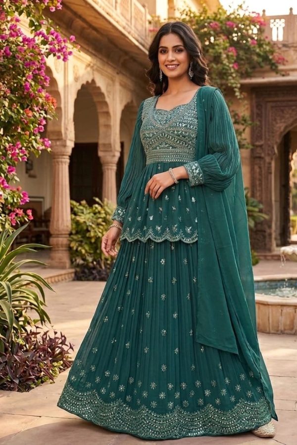 Teal Shade Fully Embroidery And Mirror Work Lehenga Set