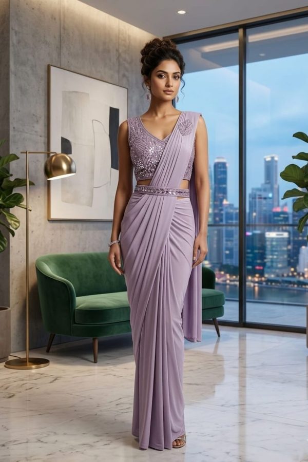 Light Purple Crepe Pleated Draped Saree Set