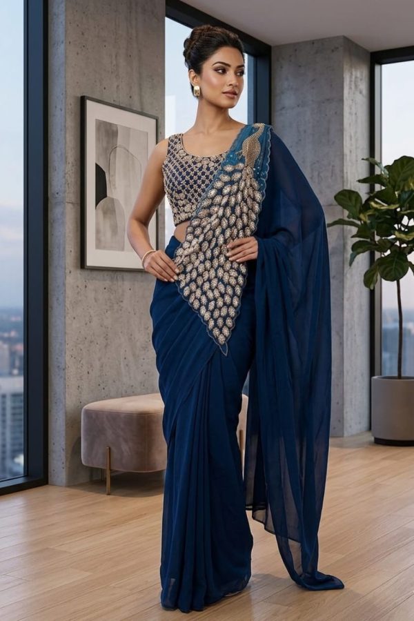 Ready To Wear Saree In Navy Blue Color With Stitched Blouse