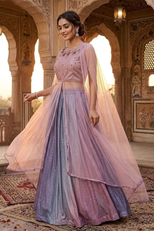 Dual Shade Shimmery Lehenga With Attached Cape