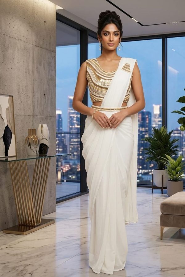 Soft Ivory Embellished Ready-To-Wear Saree Set