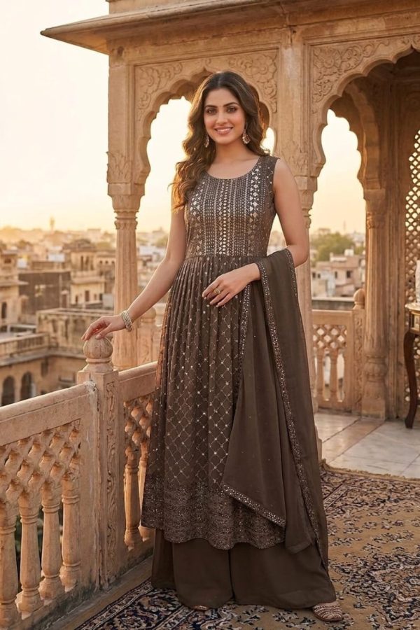 Brown Palazzo Set With Full Length Gown And Dupatta