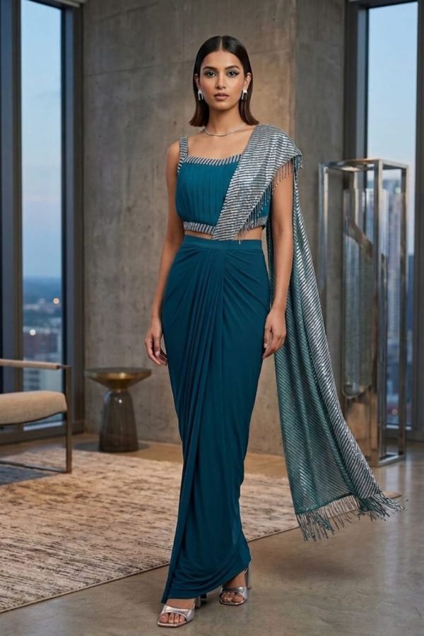 Navy Blue Crepe Pre Pleated Ready To Wear Saree