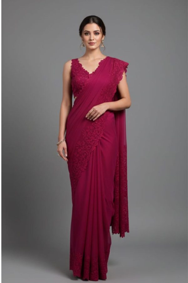 Cherry Red Tussar Silk With Cut Work Border