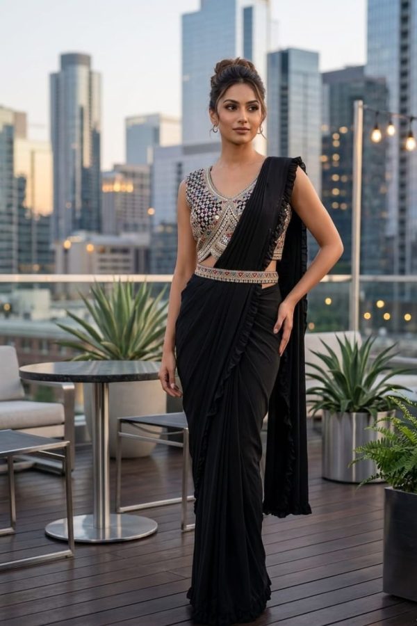 Black Crepe Pleated Draped Saree Set