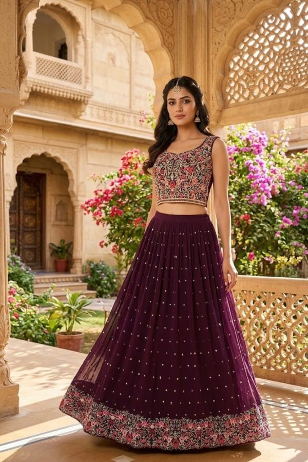 Wine Shade Floral Embroidery Lehenga Set