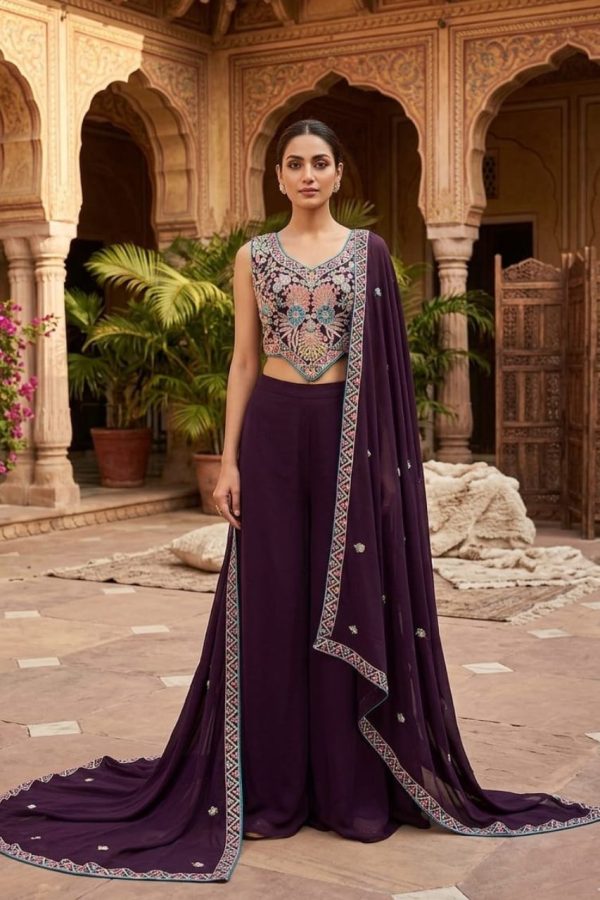 Wine Color Designer Top With Palazzo Pant With Dupatta