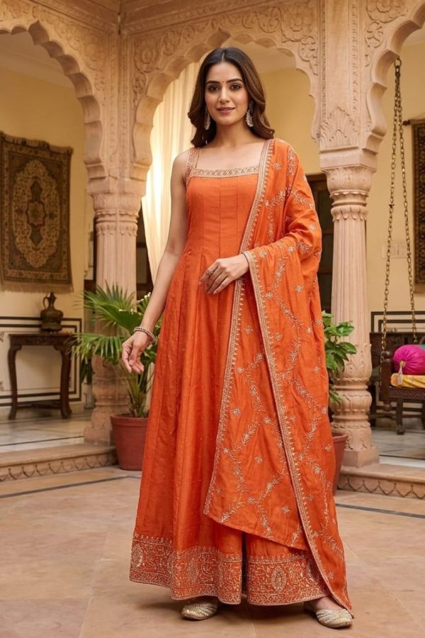 Burnt Orange Flared Crepe Silk Anarkali Suit Set