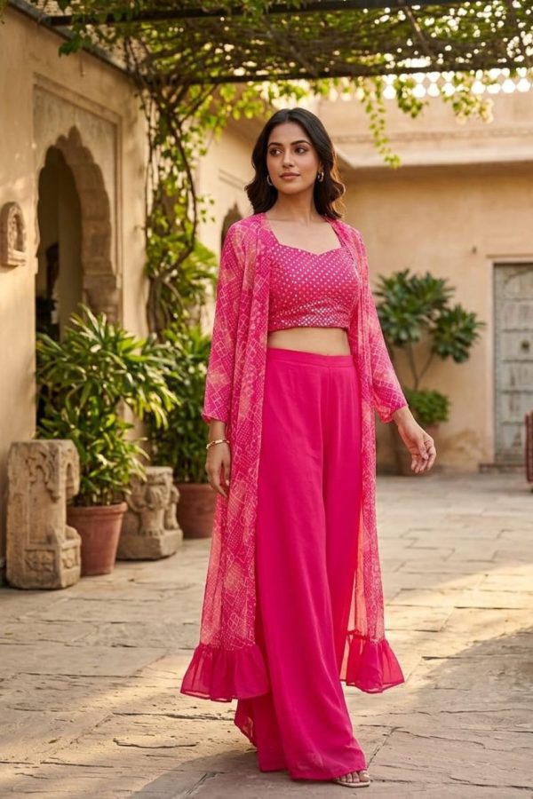 Rani Pink Georgette Indowestern Crop Top Palazzo Shrug Set