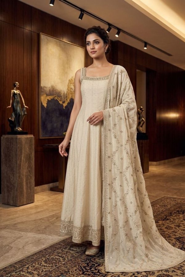 Ivory Color Flared Anarkali Suit Set With Dupatta