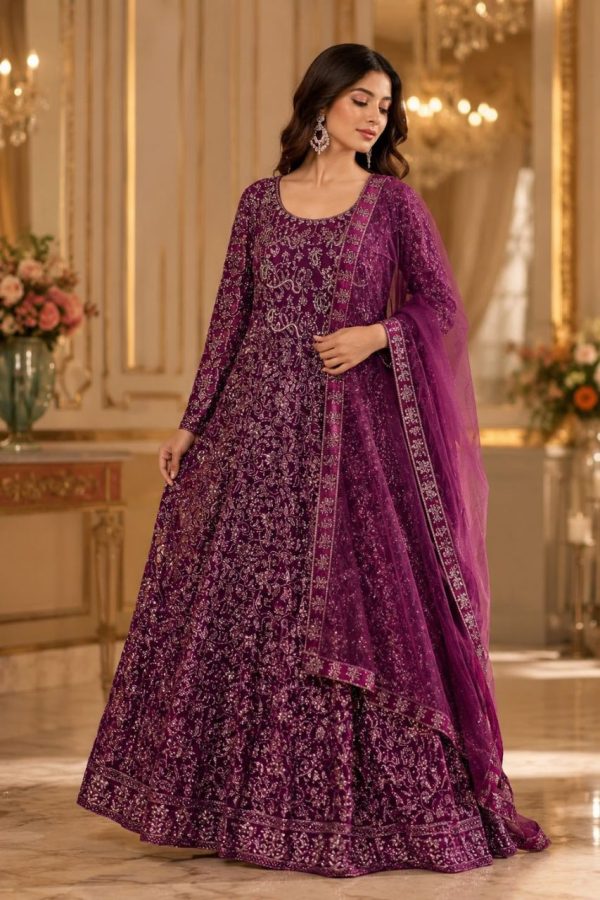 Embroidery Wine Shade Full Length Gown With Dupatta