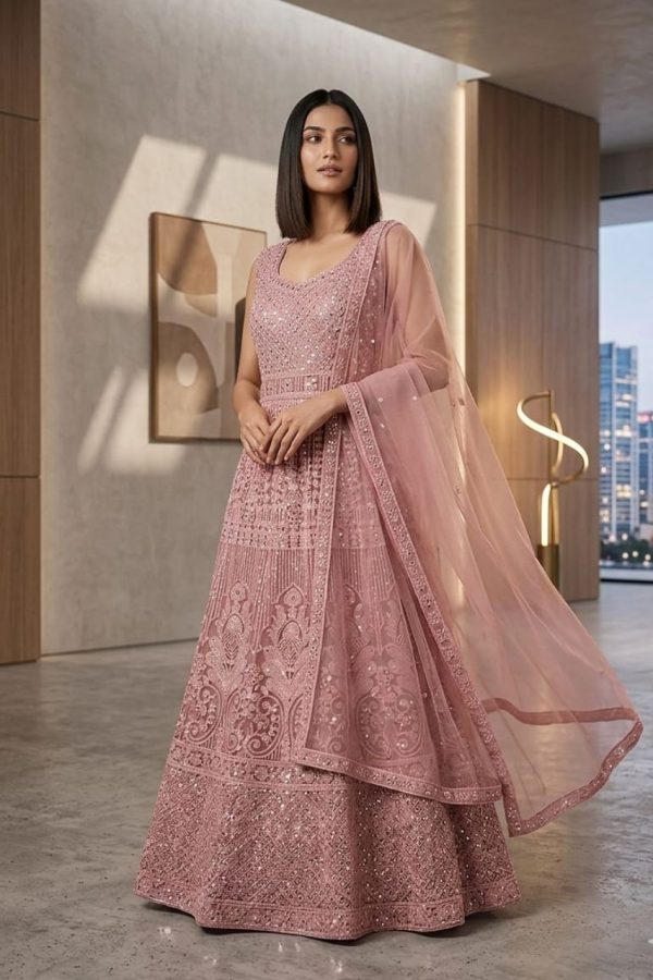 Dusty Pink Heavy Embroidery Gown With Dupatta