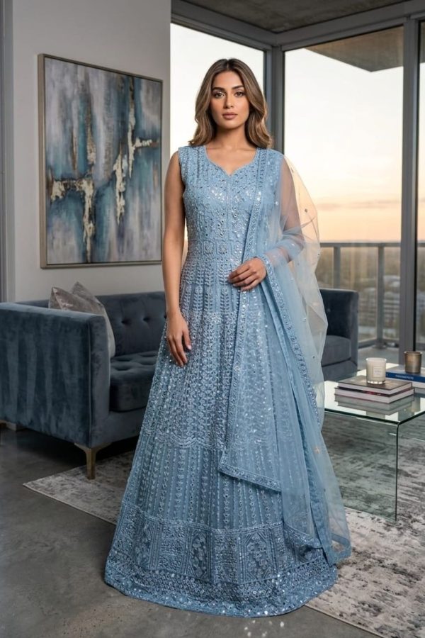 Pastel Blue Silver Embroidery Gown With Dupatta