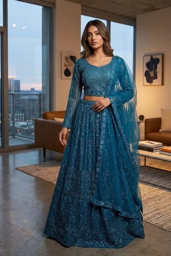 Blue Embroidery Lehenga Set With Stitched Blouse