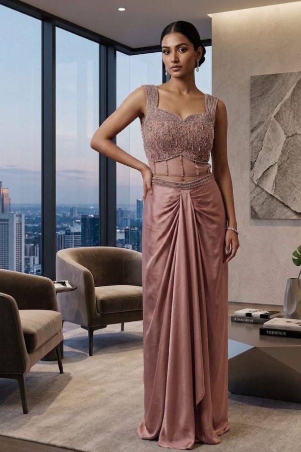 Dusty Rose Pleated Skirt And Crop Top Set