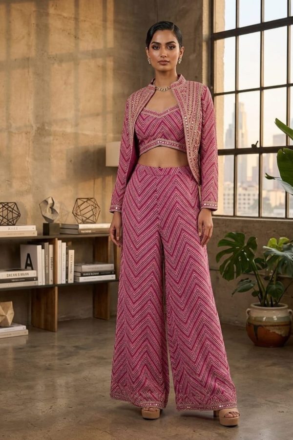 Dusty Pink Heavy Embroidery Crop Top Palazzo