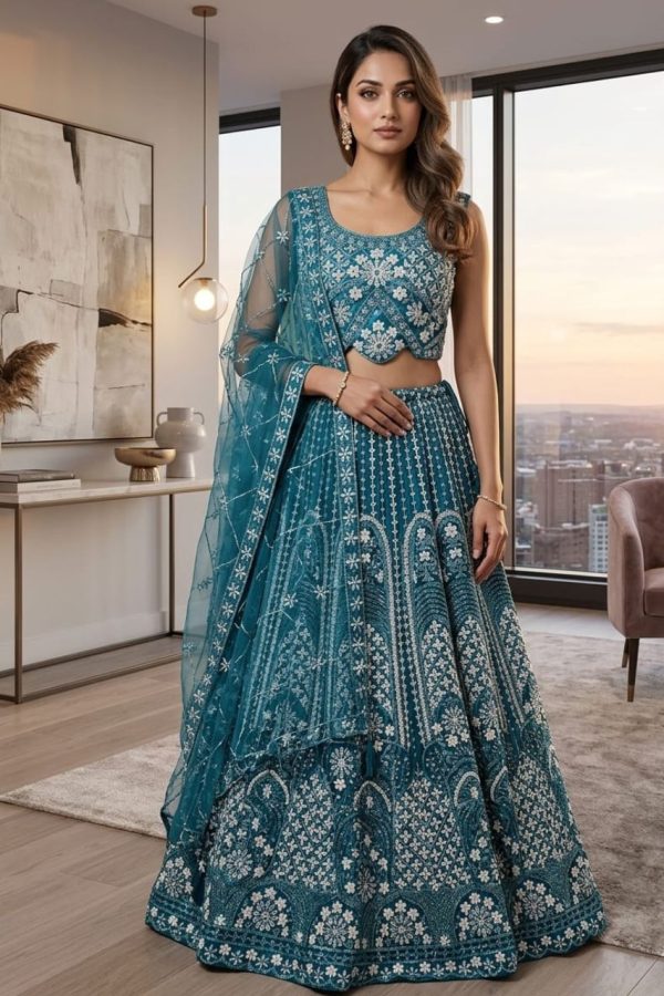 Designer Teal Green Hand Work Lehenga Set