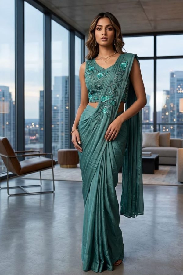 Teal Shade Soft Organza Ready To Wear Saree