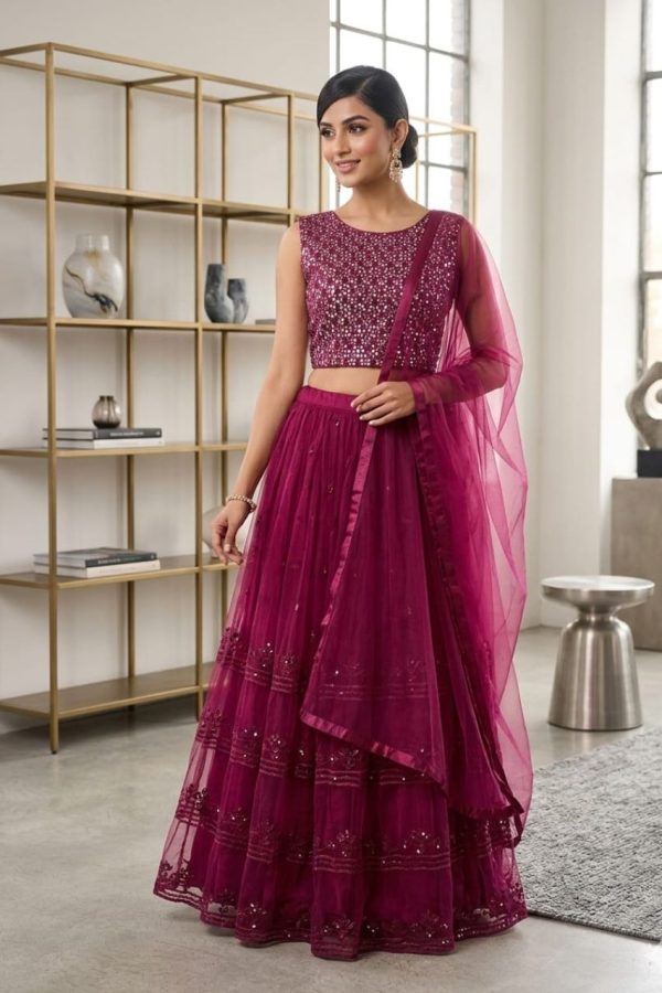 Wine Embellished Lehenga Set With Dupatta
