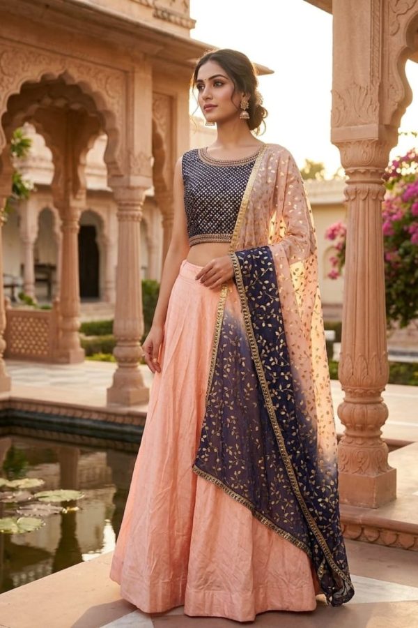 Pink And Blue Skirt And Top With Dupatta Set