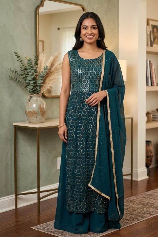 Dark Emerald Teal Palazzo Set With Full Length Gown And Dupatta