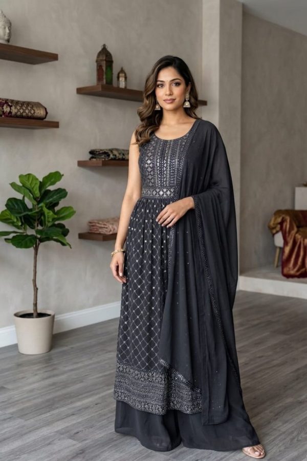 Charcoal Palazzo Set With Full Length Gown And Dupatta