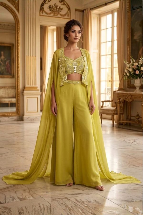 Lime Green Crop Top Palazzo Pant With Cape