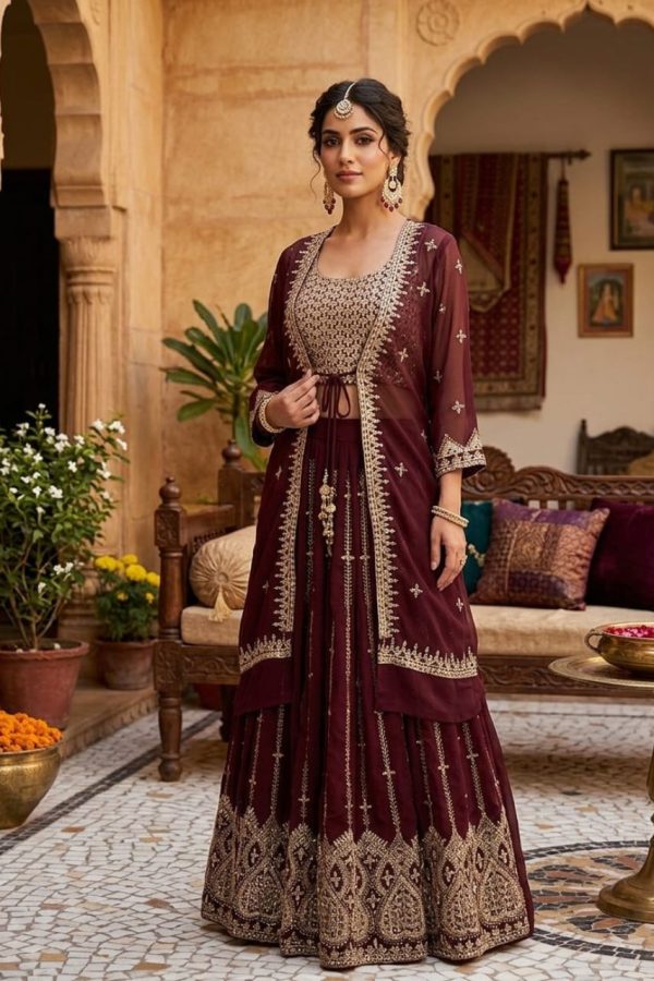 Burgundy Shade Lehenga Choli Set With Jacket