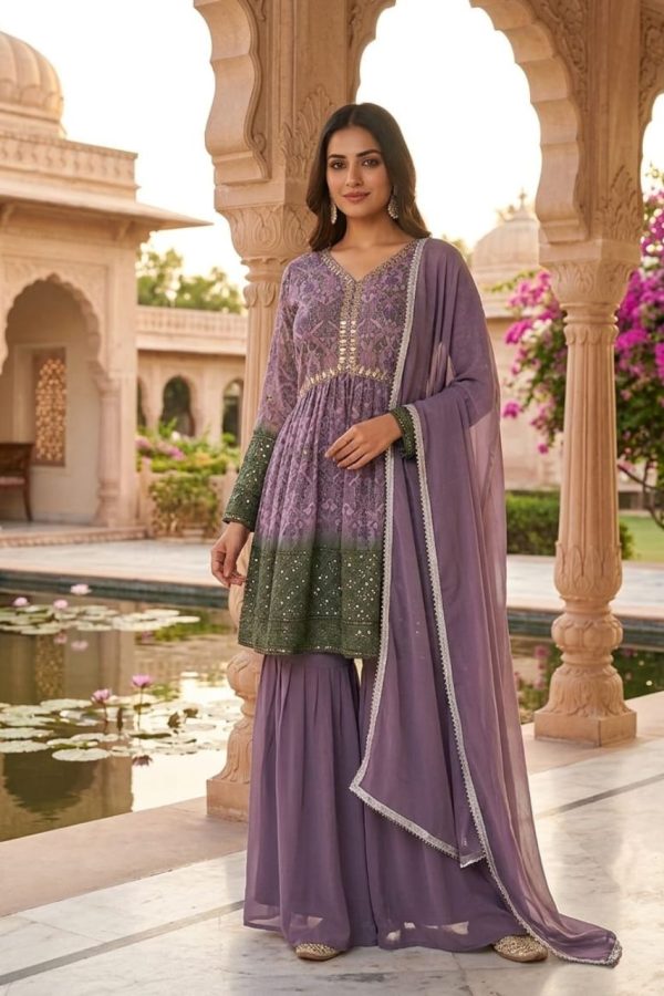Lavender Peplum Style Top With Sharara Pant Set