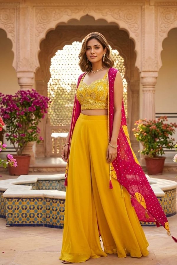 Mustard Yellow Crop Top Palazzo And Jacket Set