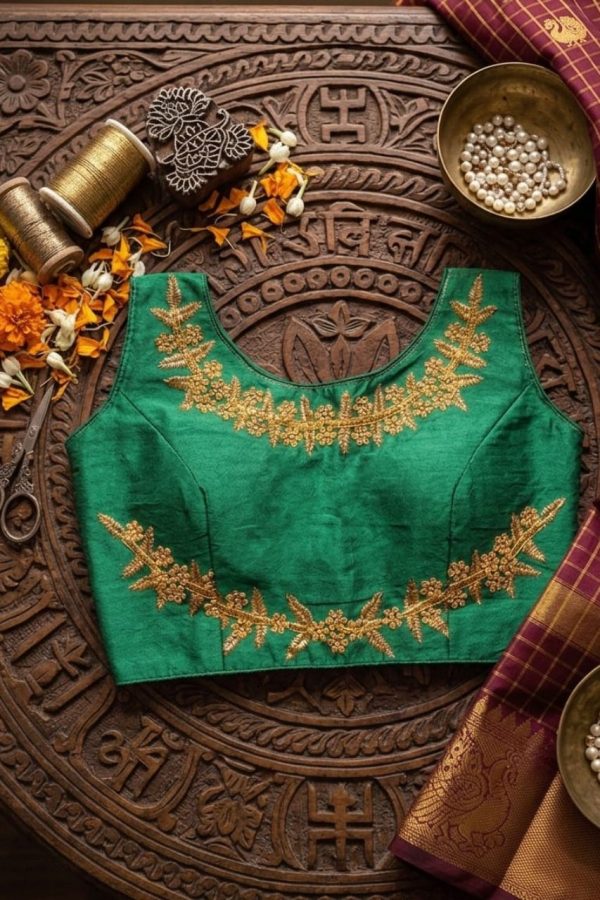 Bottle Green Sleeveless Readymade Blouse