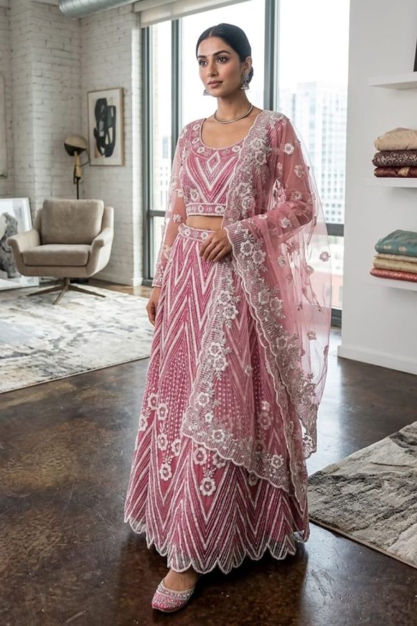 Floral Pink Beads Lehenga Set With Blouse & Dupatta