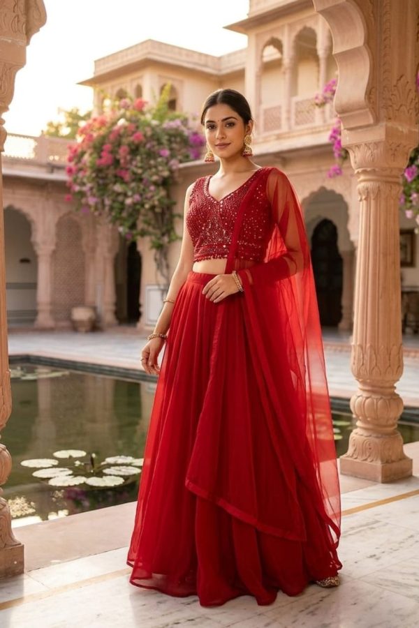 Cherry Red Organza Hand work Top With Skirt Set