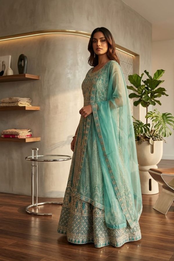 Turquoise Green Embroidery Gown With Dupatta
