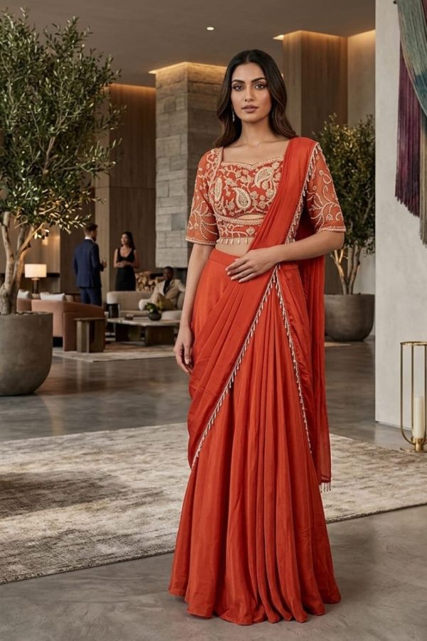 Burnt Orange Pre-Draped Designer Lehenga Set