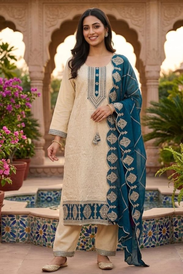 Ivory & Peacock Blue Straight Cut Salwar Set With Dupatta