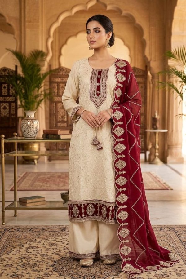 Ivory & Burgundy Straight Cut Salwar Suit Set