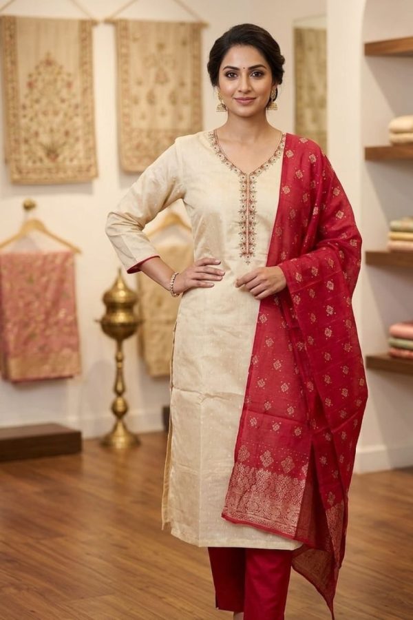 Cream Shade Tissue Silk Hand Work Suit Set
