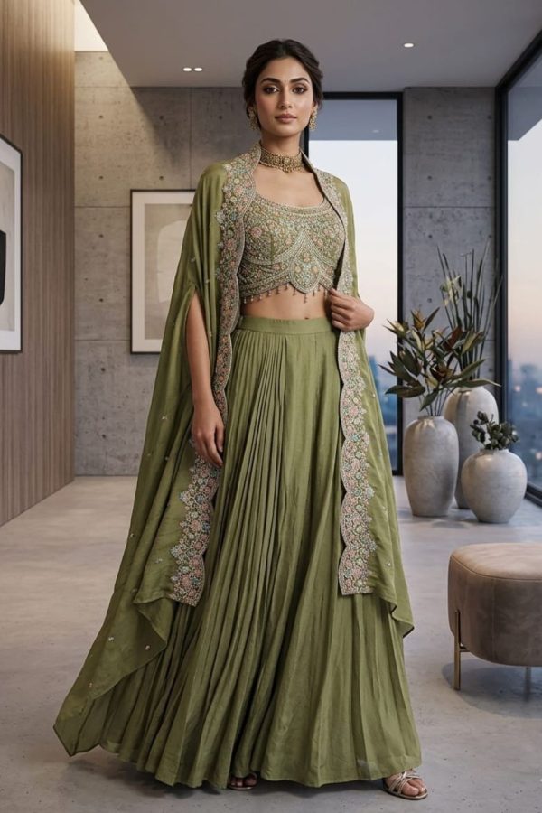 Mehendi Green Designer Crop Top With Skirt Set