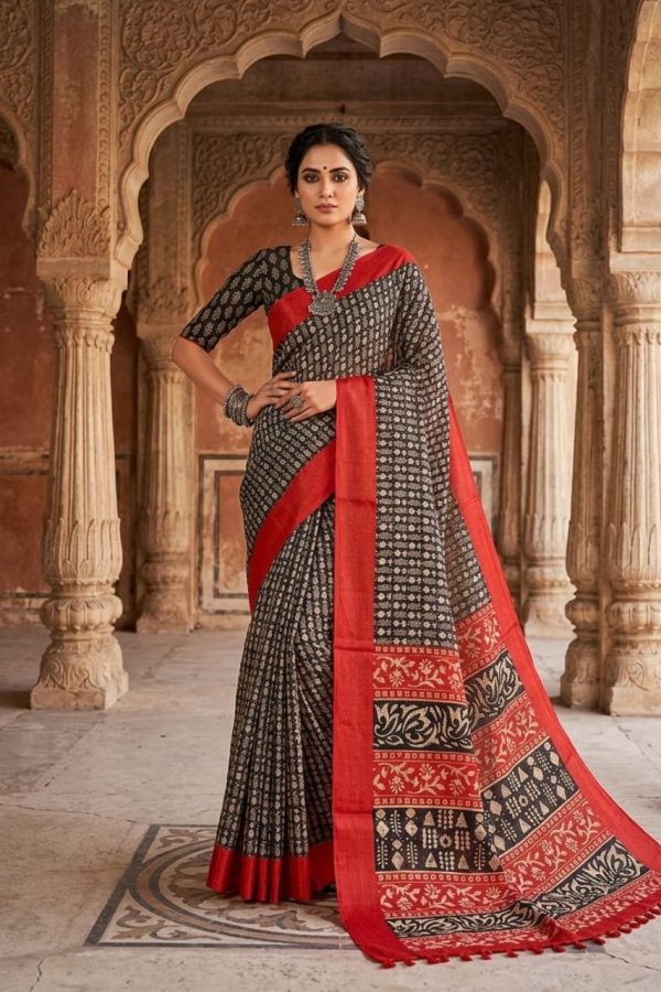 Linen Red And Black Combo Saree With Tassels