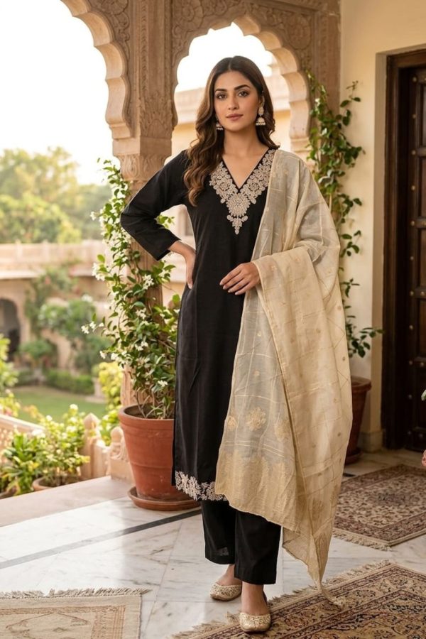 Black Embroidered Salwar Suit Set with Ivory Dupatta
