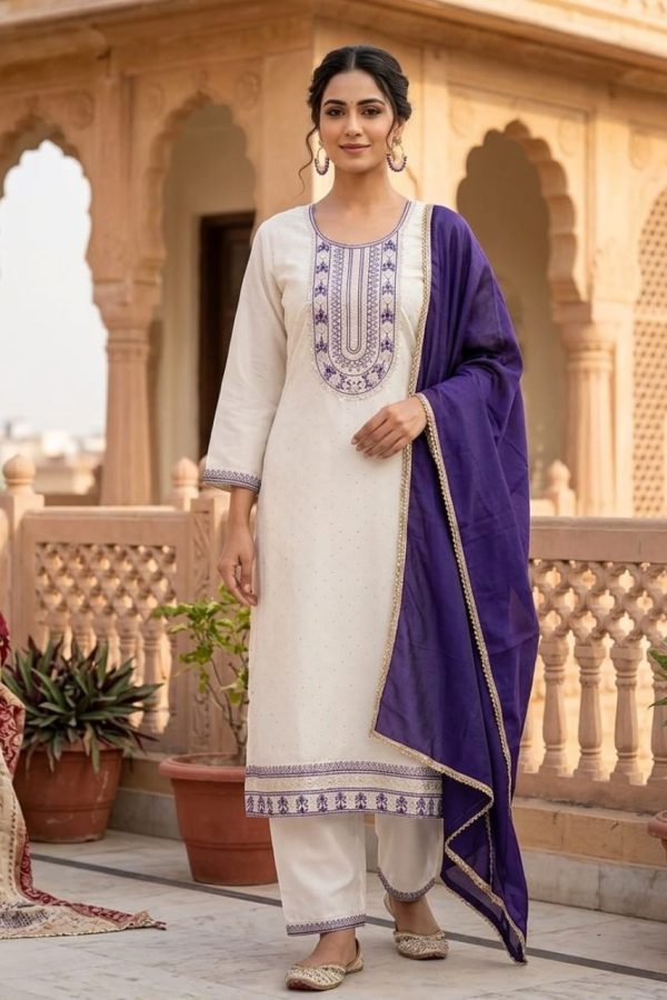 White Embroidered Salwar Suit Set with Dupatta
