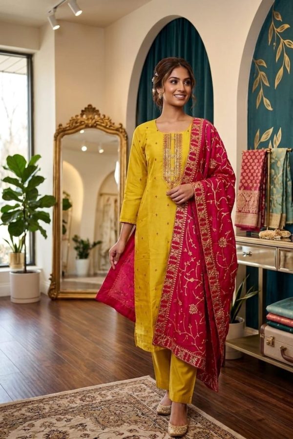 Mustard Yellow Embroidered Salwar Suit Set with Dupatta