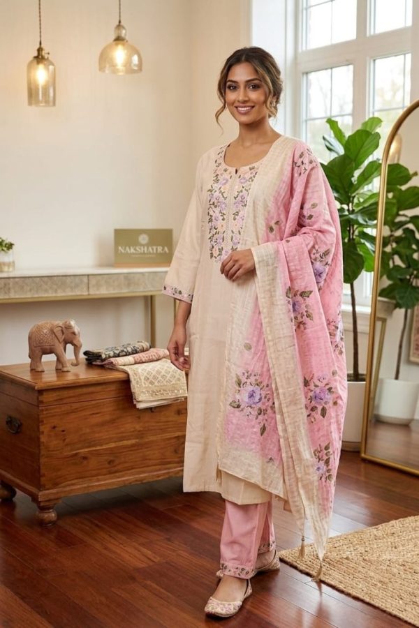 Cream Floral Embroidered Salwar Suit Set with Dupatta