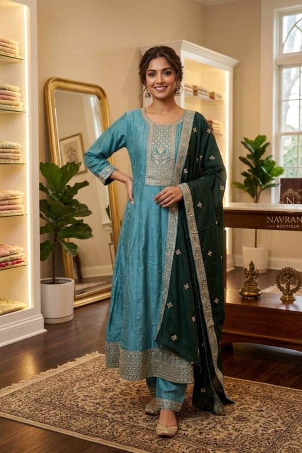 Teal Blue Anarkali Suit Set With Dupatta